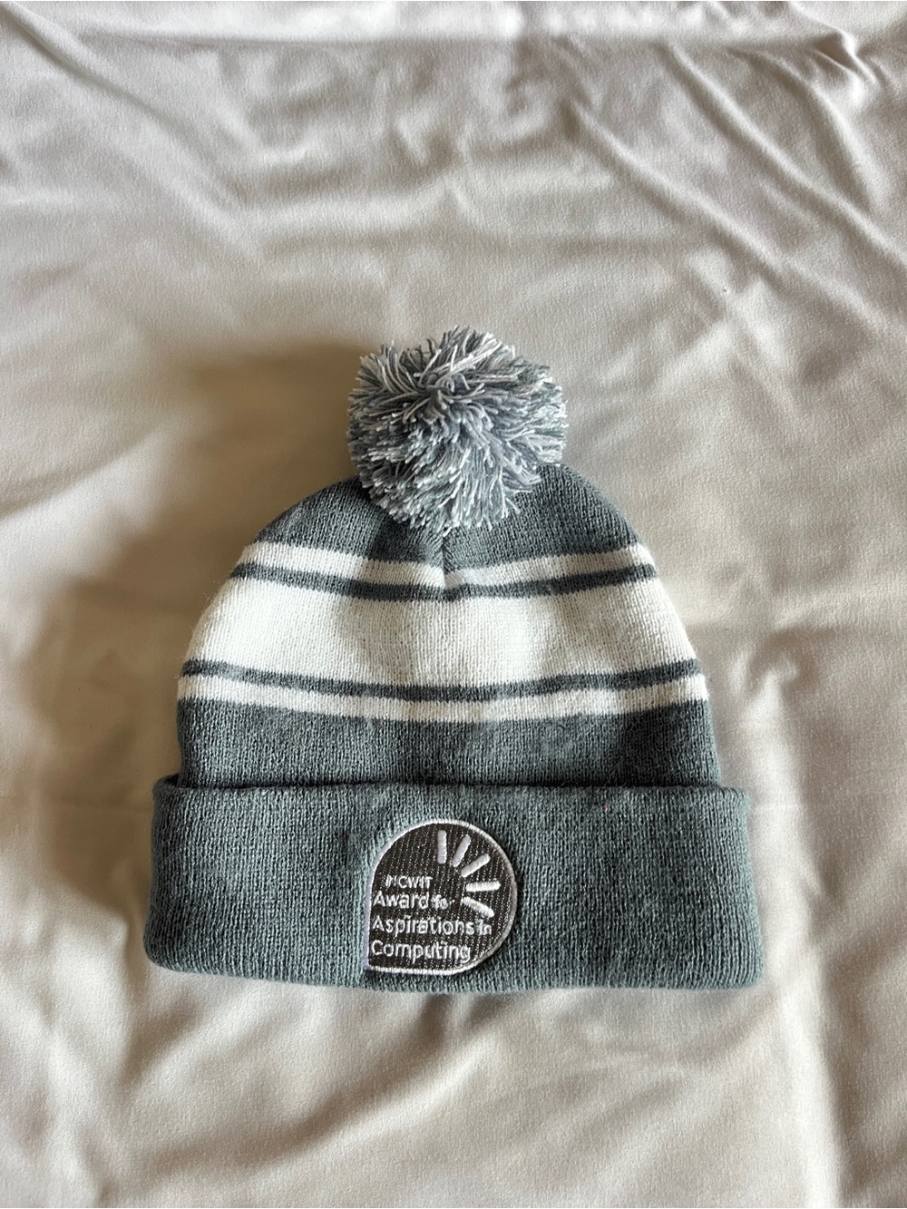 Gray Striped Pom Beanie NCWIT Aspirations in Computing Knit Hat 100% Acrylic